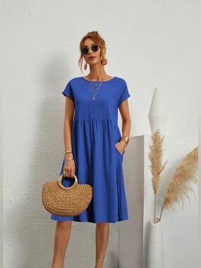 Casual Blue Short-Sleeve Swing Dress